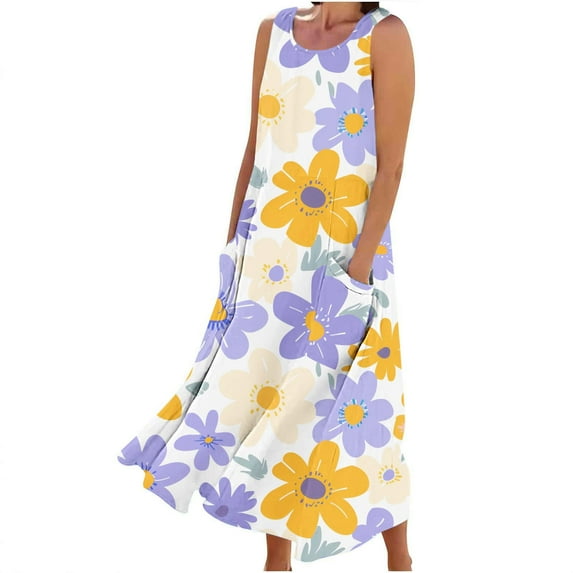 YOTAMI Summer Dresses for Women Plus Size Loose Fit Cotton Linen Dresses with Pockets for Beach Vacation Sleeveless Flowy Casual Maxi Dresses Purple