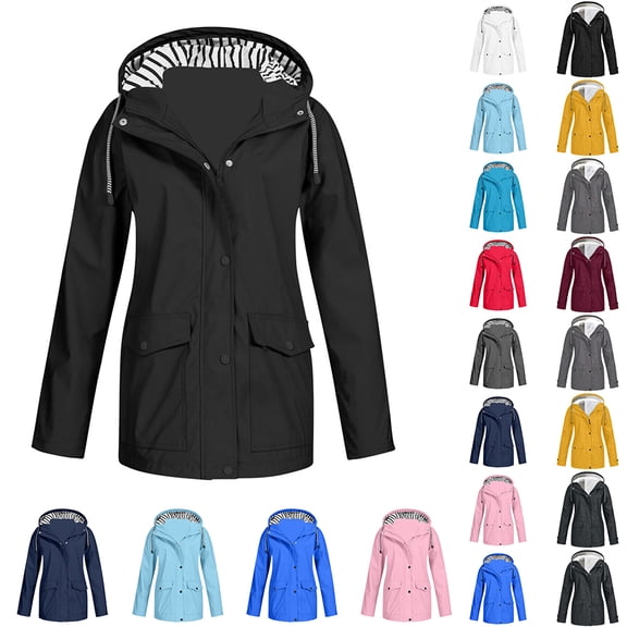 YOTAMI Women's Hooded Raincoat Lightweight Plus Size Jacket for All-Season, Traveling, Outdoor, Waterproof Windbreaker with Pockets Zip up Trench Jacket Black, Size S