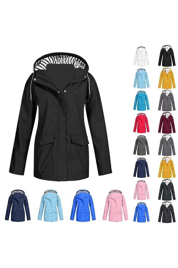 Women's Hooded Raincoat Lightweight Plus Size Jacket for All-Season, Traveling, Outdoor, Waterproof Windbreaker with Pockets Zip up Trench Jacket Black, Size S