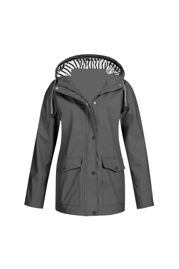Women's Hooded Raincoat Lightweight Plus Size Jacket for All-Season, Traveling, Outdoor, Waterproof Windbreaker with Pockets Zip up Trench Jacket Gray, Size 2XL
