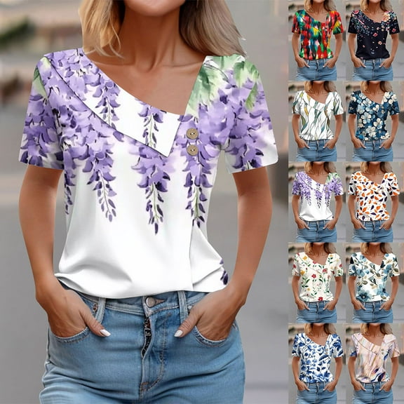 YOTAMI Fashion Plus Size Graphic Tees for Women Short Sleeve Tops for Holiday Floral Print Summer V-Neck Soft Blouses Multicolor, Sizes S-3X