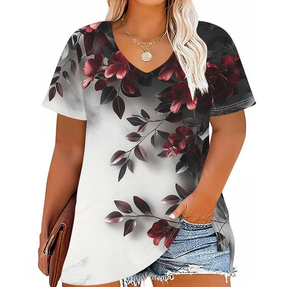 YOTAMI Women's Floral Print Tops Plus Size Short Sleeve V-Neck Blouses Summer Fashion Casual Loose Fit Graphic Tees Multicolor