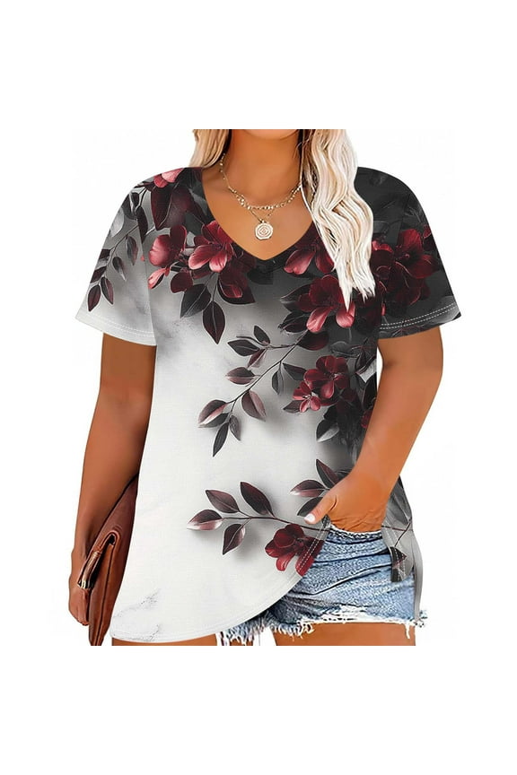 Women's Floral Print Tops Plus Size Short Sleeve V-Neck Blouses Summer Fashion Casual Loose Fit Graphic Tees Multicolor
