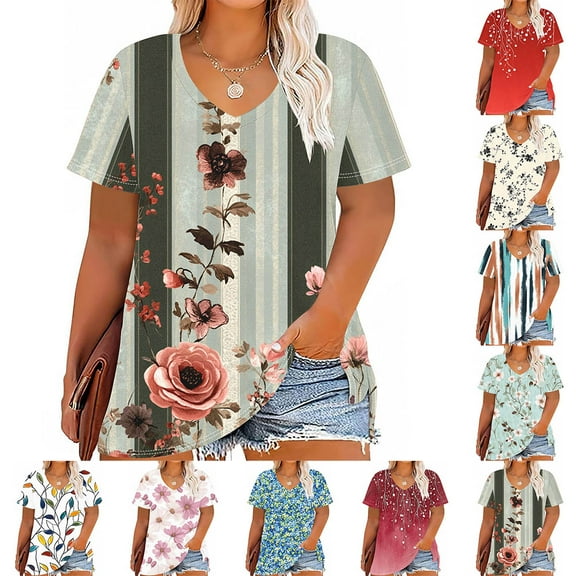 YOTAMI Floral Tops for Women Plus Size Summer Fashion Short Sleeve V-Neck Casual Blouse Loose Fit T-Shirts White