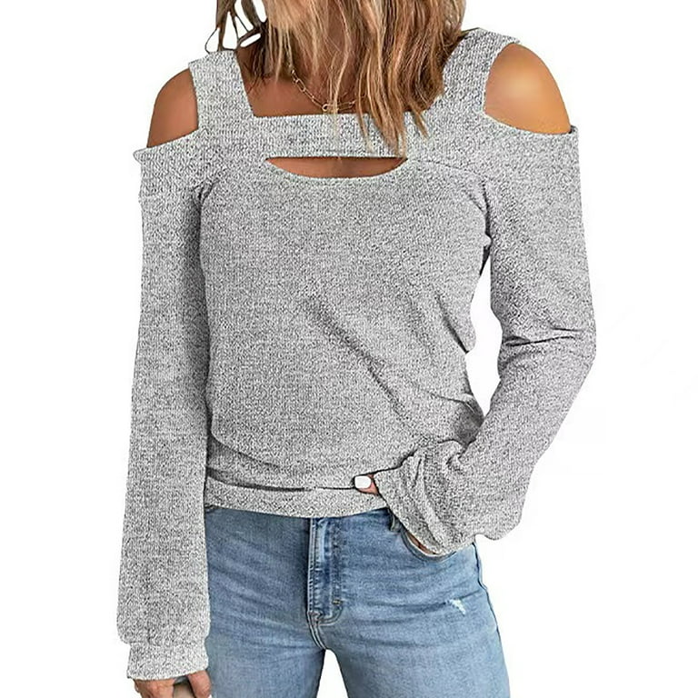 YOTAMI Going Out Tops for Women - Fall and Winter Long Sleeve Solid Color  Cold Shoulder Under $5 Pullover Crew Neck Gray Tops 