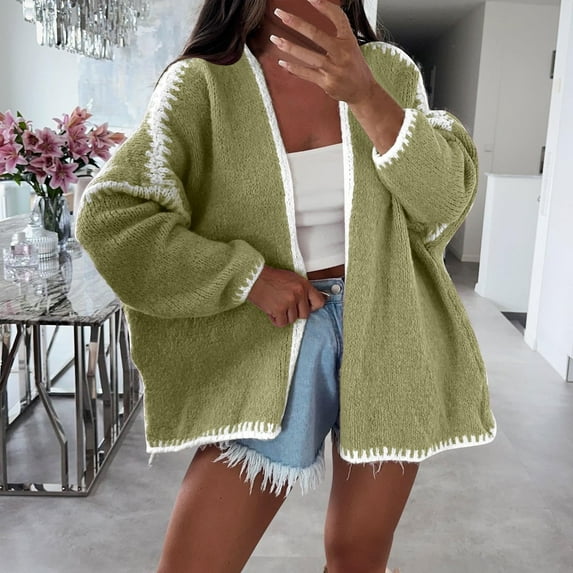 YOTAMI Knitted Cardigan Sweaters for Women Fall Lightweight Cardigan Tops Long Sleeve Solid Color Open Front Casual Cardigan Coat Green L