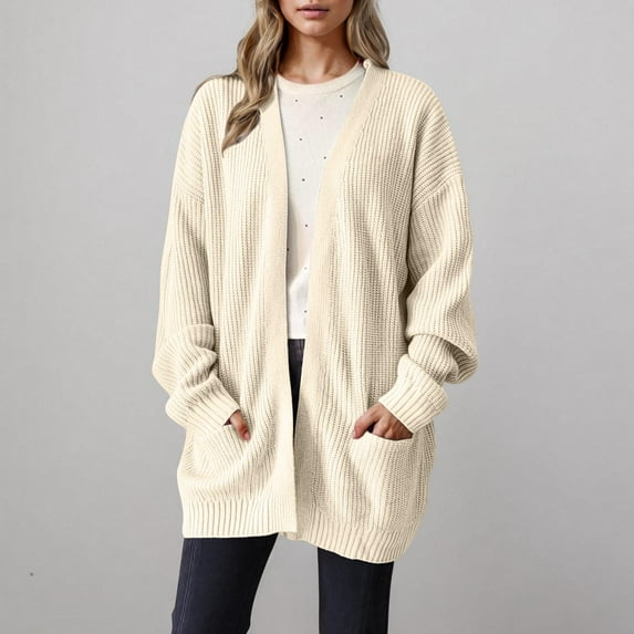 YOTAMI Knitted Shirt Cardigans for Women Fall Fashion Open Front Lightweight Loose Cardigan Tops with Pocket Long Sleeve Solid Color Casual Cardigan Coat Beige XL