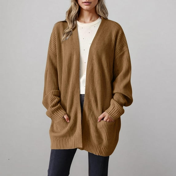 YOTAMI Knitted Shirt Cardigans for Women Fall Fashion Open Front Lightweight Loose Cardigan Tops with Pocket Long Sleeve Solid Color Casual Cardigan Coat Coffee S