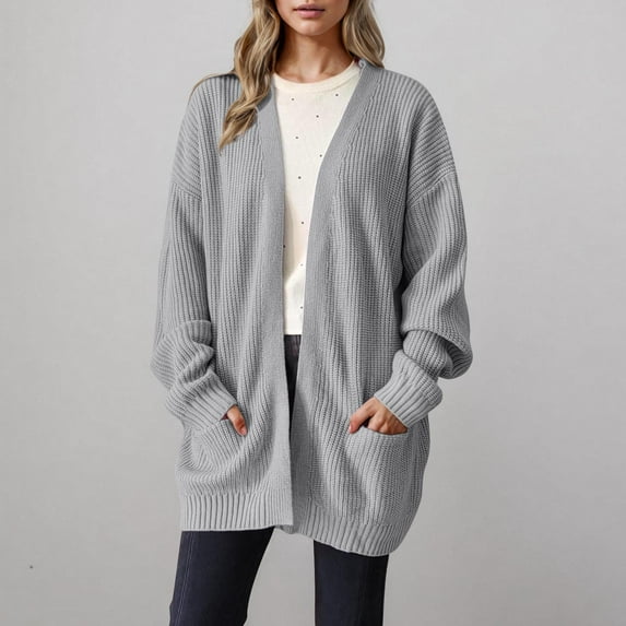YOTAMI Knitted Shirt Cardigans for Women Fall Fashion Open Front Lightweight Loose Cardigan Tops with Pocket Long Sleeve Solid Color Casual Cardigan Coat Gray XXL