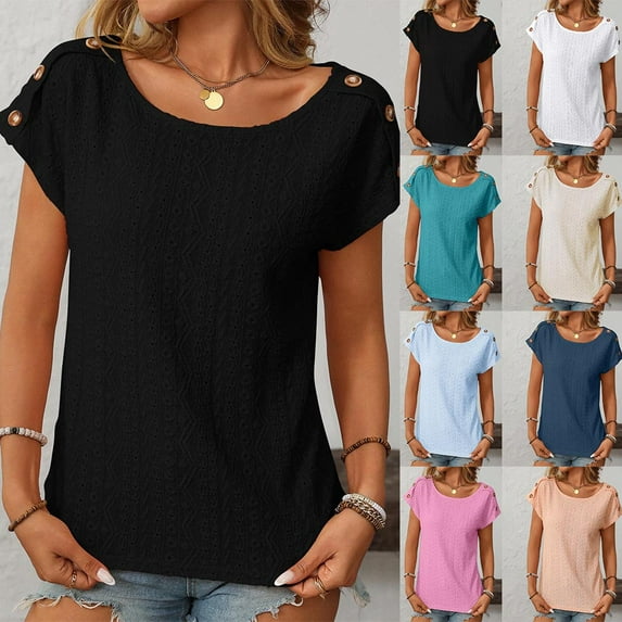 Fatuov Eyelet Tops for Women Summer Short Cap Sleeve T Shirts Trendy Casual Crew Neck Button Tees Blouses Black