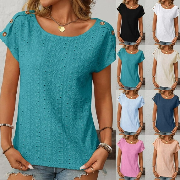 Fatuov Eyelet Tops for Women Summer Short Cap Sleeve T Shirts Trendy Casual Crew Neck Button Tees Blouses Blue
