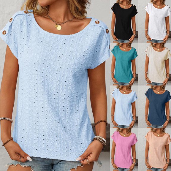 Fatuov Eyelet Tops for Women Summer Short Cap Sleeve T Shirts Trendy Casual Crew Neck Button Tees Blouses Light Blue