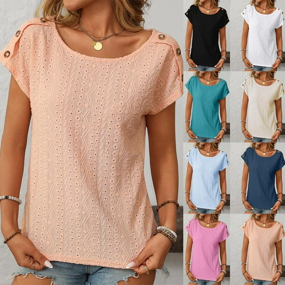 Fatuov Eyelet Tops for Women Summer Short Cap Sleeve T Shirts Trendy Casual Crew Neck Button Tees Blouses Orange
