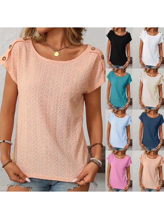 Eyelet Tops for Women Summer Short Cap Sleeve T Shirts Trendy Casual Crew Neck Button Tees Blouses Orange