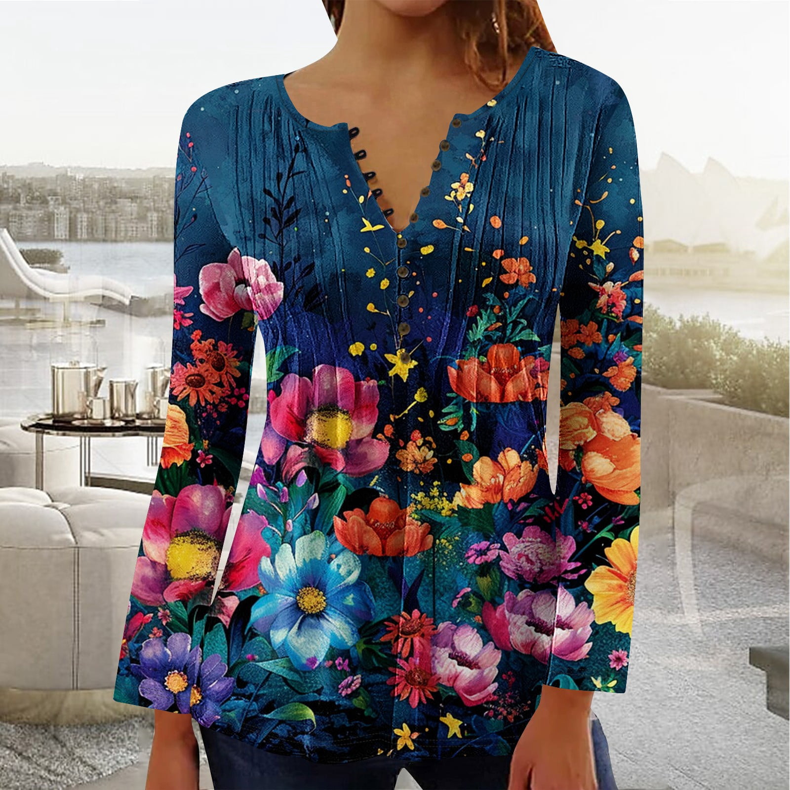 Multicolor Fall Blouses YOTAMI Ladies' Fall Blouses Button V-Neck Plus Size Clothes for Weekend ...