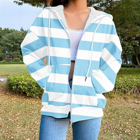 YOTAMI Lightweight Zip Up Hoodie Women Plus Size, Fall Fashion Casual Oversized Sweatshirts for Home Outdoor, Drawstring Striped Print Winter Soft Hooded Sweatshirts with Pocket Light Blue XXL