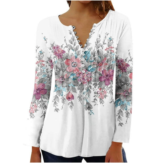 YOTAMI Long Sleeve Shirts for Women Clearance V-Neck Floral Print Graphic T-Shirts Button Pleated Vintage Blouses Pink Womens Tops Sizes 3XL