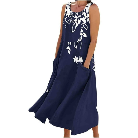 YOTAMI Summer Dresses for Women Plus Size Loose Fit Cotton Linen Dresses with Pockets for Beach Vacation Sleeveless Flowy Casual Maxi Dresses Navy