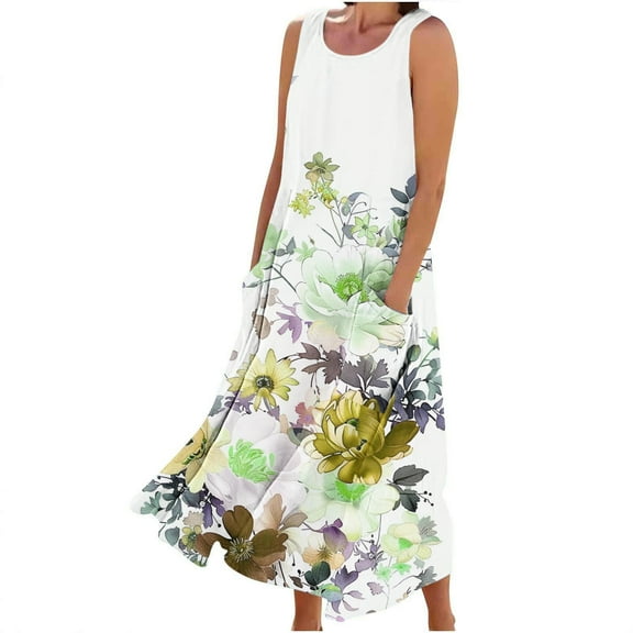 YOTAMI Summer Dresses for Women Plus Size Loose Fit Cotton Linen Dresses with Pockets for Beach Vacation Sleeveless Flowy Casual Maxi Dresses Yellow