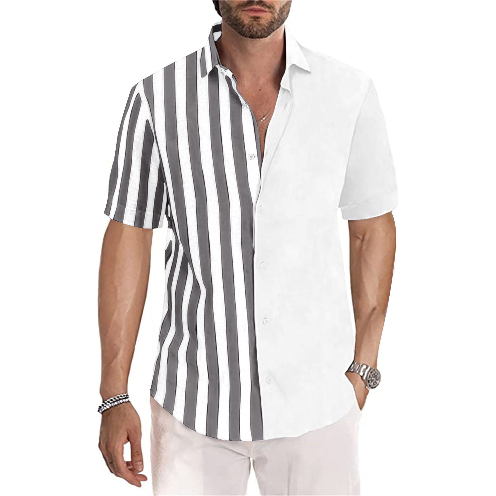 YOTAMI Mens Short Sleeve Button Down Shirts Stripe Print Summer ...