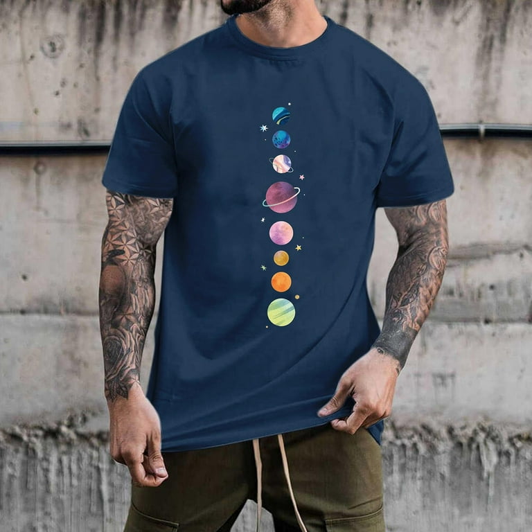 YOTAMI Mens T-shirts Casual Fashion Round Neck Pullover Space Planet Print T -Shirt Short Sleeve Tops Streetwear Navy S,M,L,XL,XXL