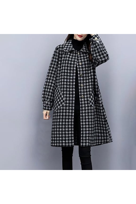 Mid-Length Warm Wool Blend Coat for Women Plaid Print Fall Peacoat for Casual Lapel Single Breasted Coat