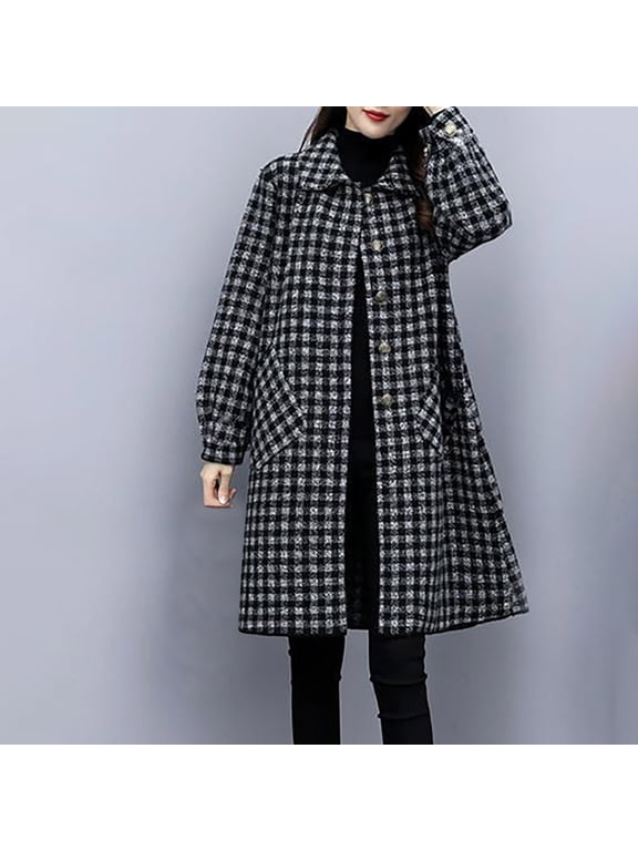 Mid-Length Warm Wool Blend Coat for Women Plaid Print Fall Peacoat for Casual Lapel Single Breasted Coat