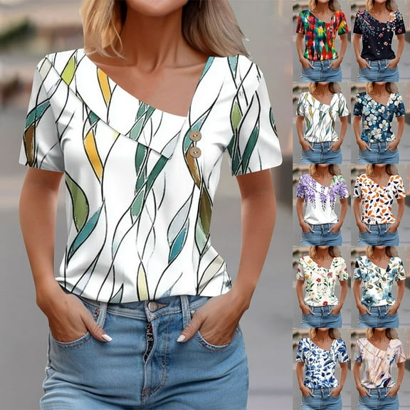 YOTAMI Plus Size Blouses for Women Short Sleeve Floral Print Graphic T-Shirts for Party V-Neck Summer Loose Clothes Multicolor, Sizes S-3X