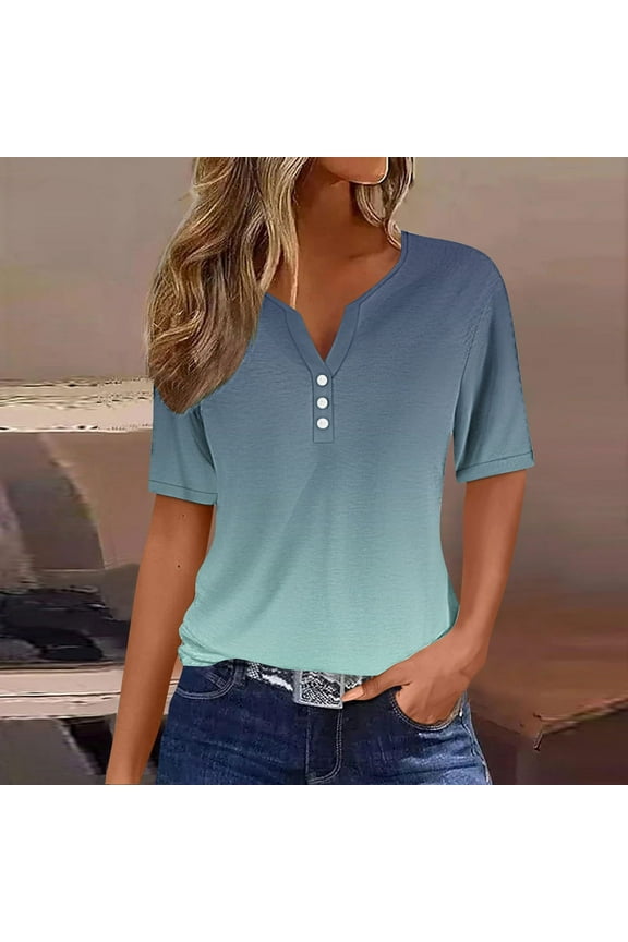 Plus Size Blouses for Women - Short Sleeve Gradient Print Graphic T-Shirts for Work Button V-Neck Summer Soft Shirts Army Green, Sizes S-3X