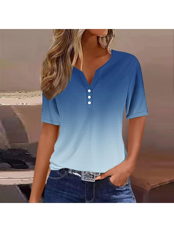 Plus Size Blouses for Women - Short Sleeve Gradient Print Graphic T-Shirts for Work Button V-Neck Summer Soft Shirts Blue, Sizes S-3X