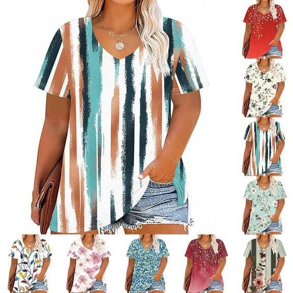 YOTAMI Plus Size Blouses for Women V-Neck Short Sleeve Striped Print Casual Tops Summer Fashion T-Shirts White