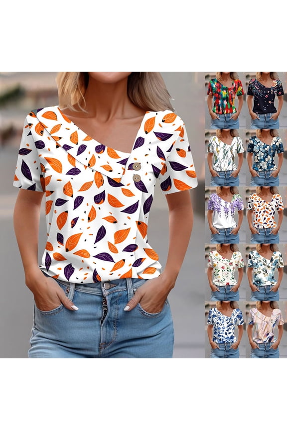 Plus Size Graphic Tees for Women V-Neck Short Sleeve Tops for Holiday Floral Print Summer Comfy Clothes Multicolor, Sizes S-3X