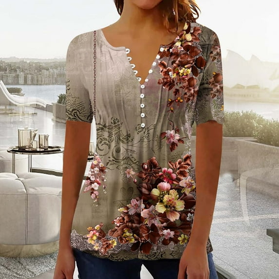 YOTAMI Plus Size Womens Tops Trends Casual Fashion Blouses for Party Beach Vacation Short Sleeve Button V-Neck Pleated Floral Print Loose Fit T-Shirts Yellow