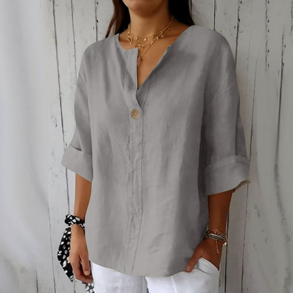 YOTAMI Plus Size Linen Shirts for Women Summer 3/4 Length Sleeve Tops Casual V-Neck Oversized Loose Fit T-Shirts Sizes S-XXXXXL