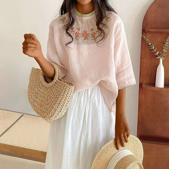 YOTAMI Plus Size Short Sleeve Tops for Women - Cotton Linen Summer T-Shirts for Vacation Embroidery Print V-Neck Casual Blouses Pink, Sizes M-4X