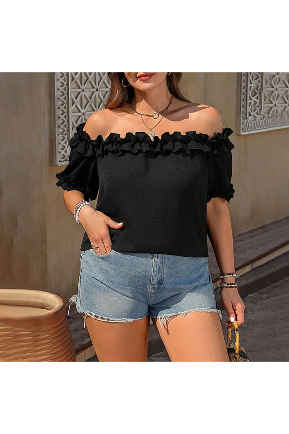 Plus Size Summer Casual Tops for Women off the Shoulder Tshirts for Wedding Short Sleeve Solid Color Soft Shirts Black