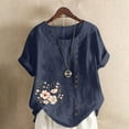 thumbnail image 1 of YOTAMI Plus Size Summer Linen Tops for Women Fashion Short Sleeve Graphic T Shirts for Party Floral Print Crew Neck Oversized Clothes Blue, 1 of 4