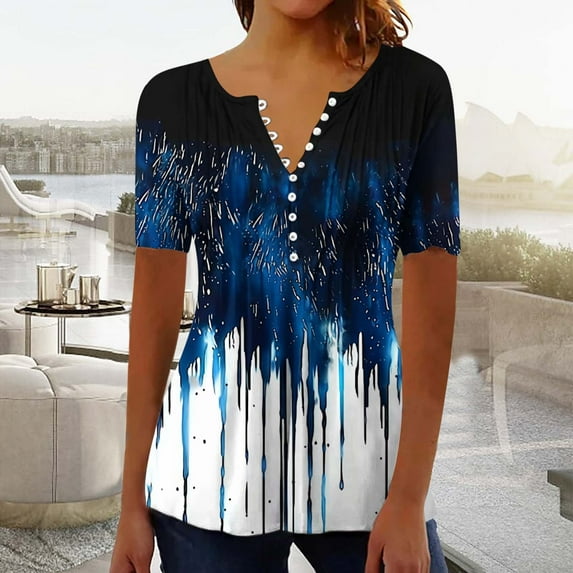 YOTAMI Plus Size Womens Tops Trendy Casual Fashion Blouses for Party Beach Vacation Short Sleeve Button V-Neck Pleated Floral Print Loose Fit T-Shirts Multicolor