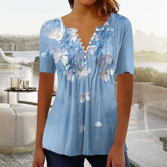 YOTAMI Plus Size Womens Tops Trendy Casual Fashion Blouses for Party Beach Vacation Short Sleeve Button V-Neck Pleated Floral Print Loose Fit T-Shirts Multicolor