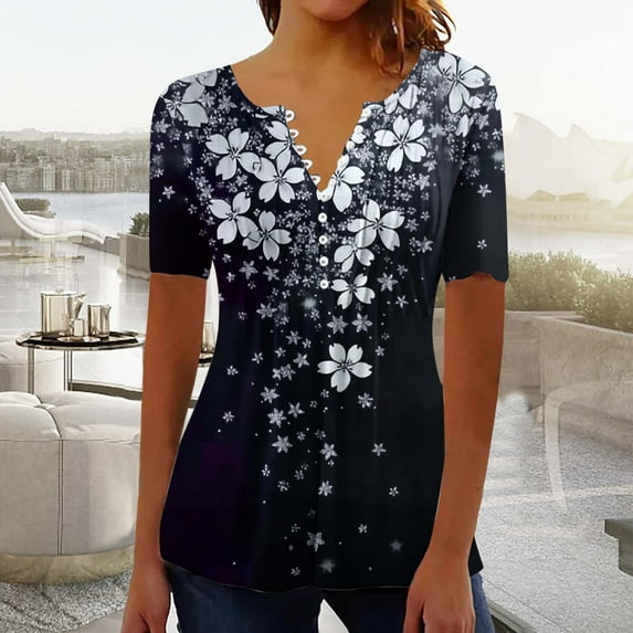 YOTAMI Plus Size Womens Tops Trendy Casual Fashion Blouses for Party Beach Vacation Short Sleeve Button V-Neck Pleated Floral Print Loose Fit T-Shirts Multicolor