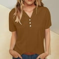 thumbnail image 1 of YOTAMI Plus Size T-Shirts for Women - Solid Color Short Sleeve Button V-Neck T-Shirts for Everyday Summer Cotton Linen Comfy Shirts Brown, Sizes S-3X, 1 of 5