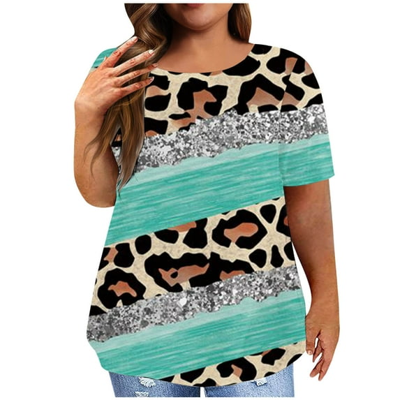 YOTAMI Plus Size Tops for Women Clearance Color-Block Leopard Print Casual T-Shirts Summer Short Sleeve Crew Neck Oversized Pullover Shirts Blouses Sky Blue Size 5XL