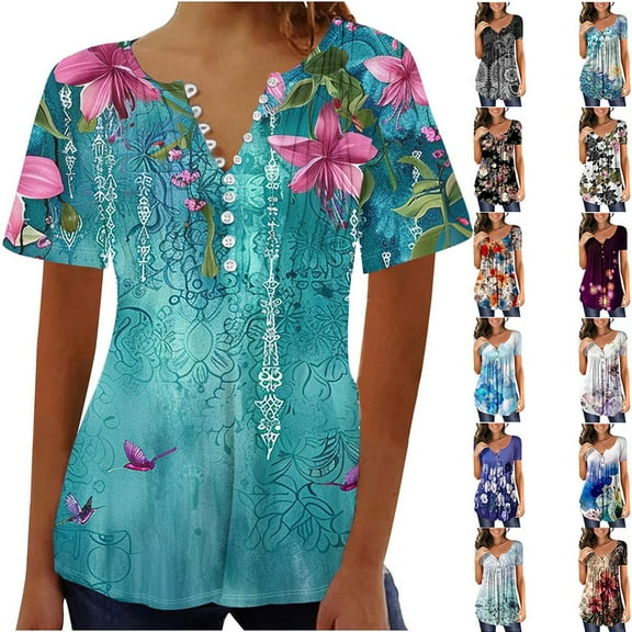 YOTAMI Plus Size Tops for Women Dressy Casual Loose Fit Blouses Summer Ruffled Floral Print Short Sleeve Button V-Neck T-Shirts Multicolor