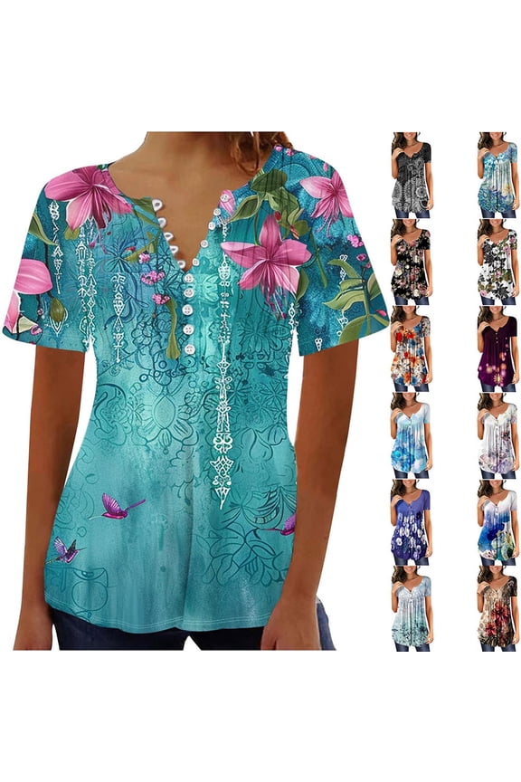 Plus Size Tops for Women Dressy Casual Loose Fit Blouses Summer Ruffled Floral Print Short Sleeve Button V-Neck T-Shirts Multicolor