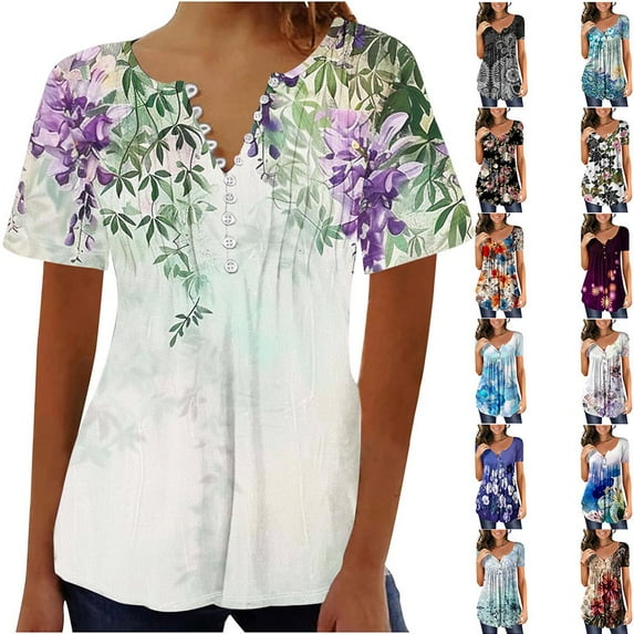 YOTAMI Plus Size Tops for Women Dressy Casual Loose Fit Blouses Summer Ruffled Floral Print Short Sleeve Button V-Neck T-Shirts Multicolor