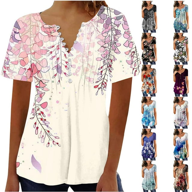 YOTAMI Plus Size Tops for Women Dressy Casual Loose Fit Blouses Summer Ruffled Floral Print Short Sleeve Button V-Neck T-Shirts Multicolor