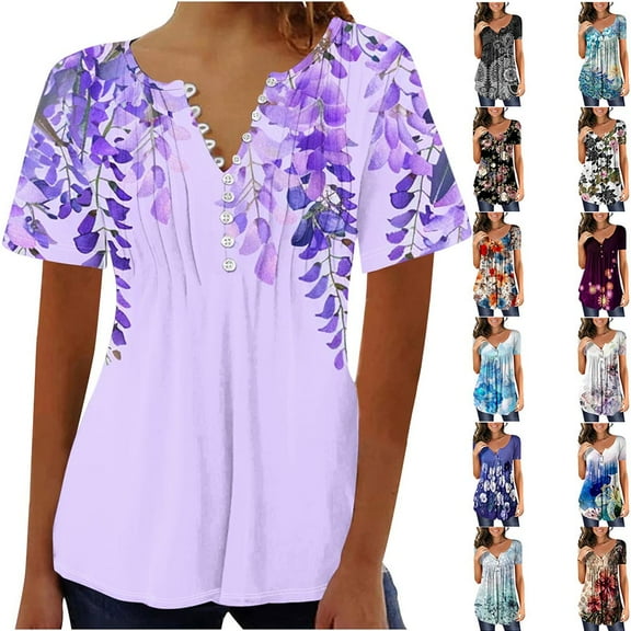 YOTAMI Plus Size Tops for Women Dressy Casual Loose Fit Blouses Summer Ruffled Floral Print Short Sleeve Button V-Neck T-Shirts Multicolor