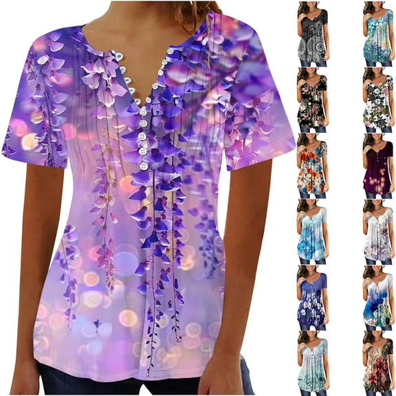 YOTAMI Plus Size Tops for Women Dressy Casual Loose Fit Blouses Summer Ruffled Floral Print Short Sleeve Button V-Neck T-Shirts Multicolor
