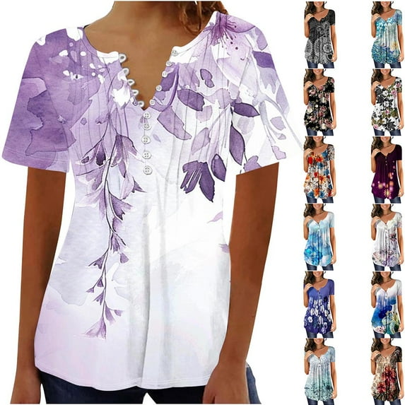 YOTAMI Plus Size Tops for Women Dressy Casual Loose Fit Blouses Summer Ruffled Floral Print Short Sleeve Button V-Neck T-Shirts Multicolor