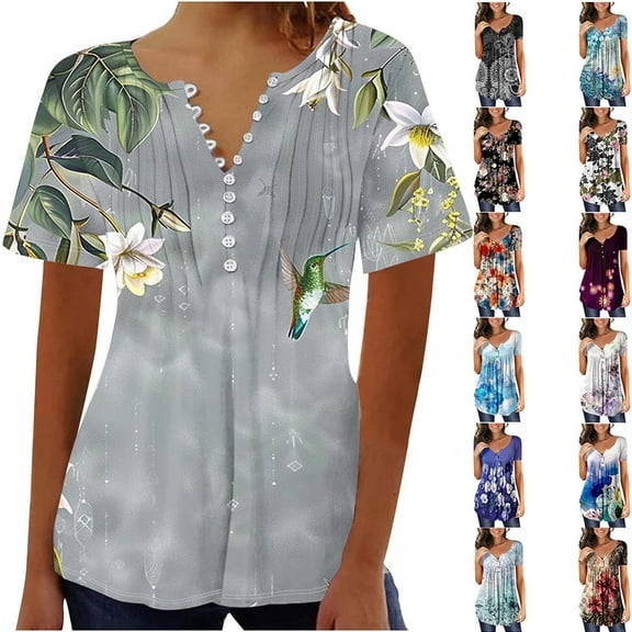 YOTAMI Plus Size Tops for Women Dressy Casual Loose Fit Blouses Summer Ruffled Floral Print Short Sleeve Button V-Neck T-Shirts Multicolor